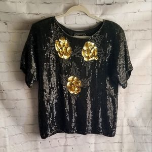 Joseph Le Bon 100% pure silk beaded and sequined shirt with gold floral design